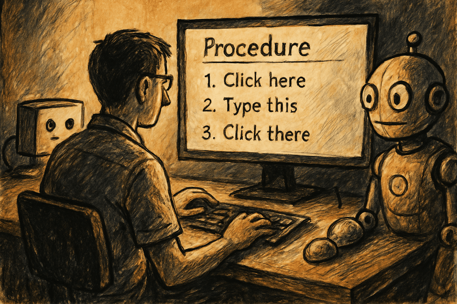 A person performs a desktop task as a recorder tracks clicks and keystrokes and writes instructions while a bot waits.