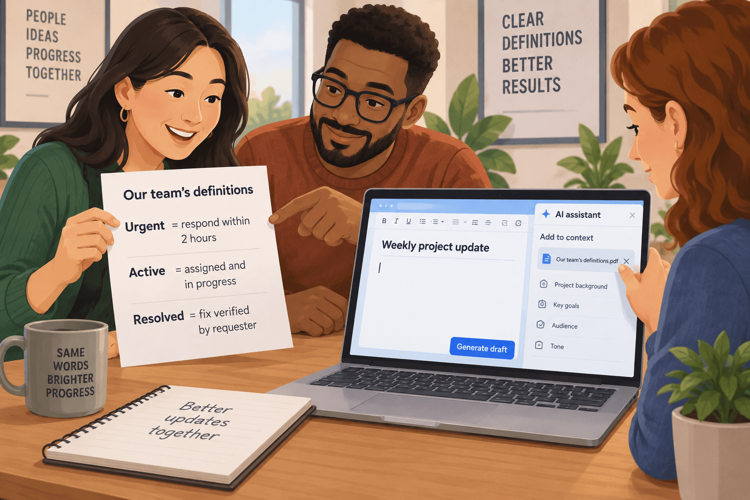 Three coworkers review shared definitions and add them to an AI assistant before drafting a weekly project update.