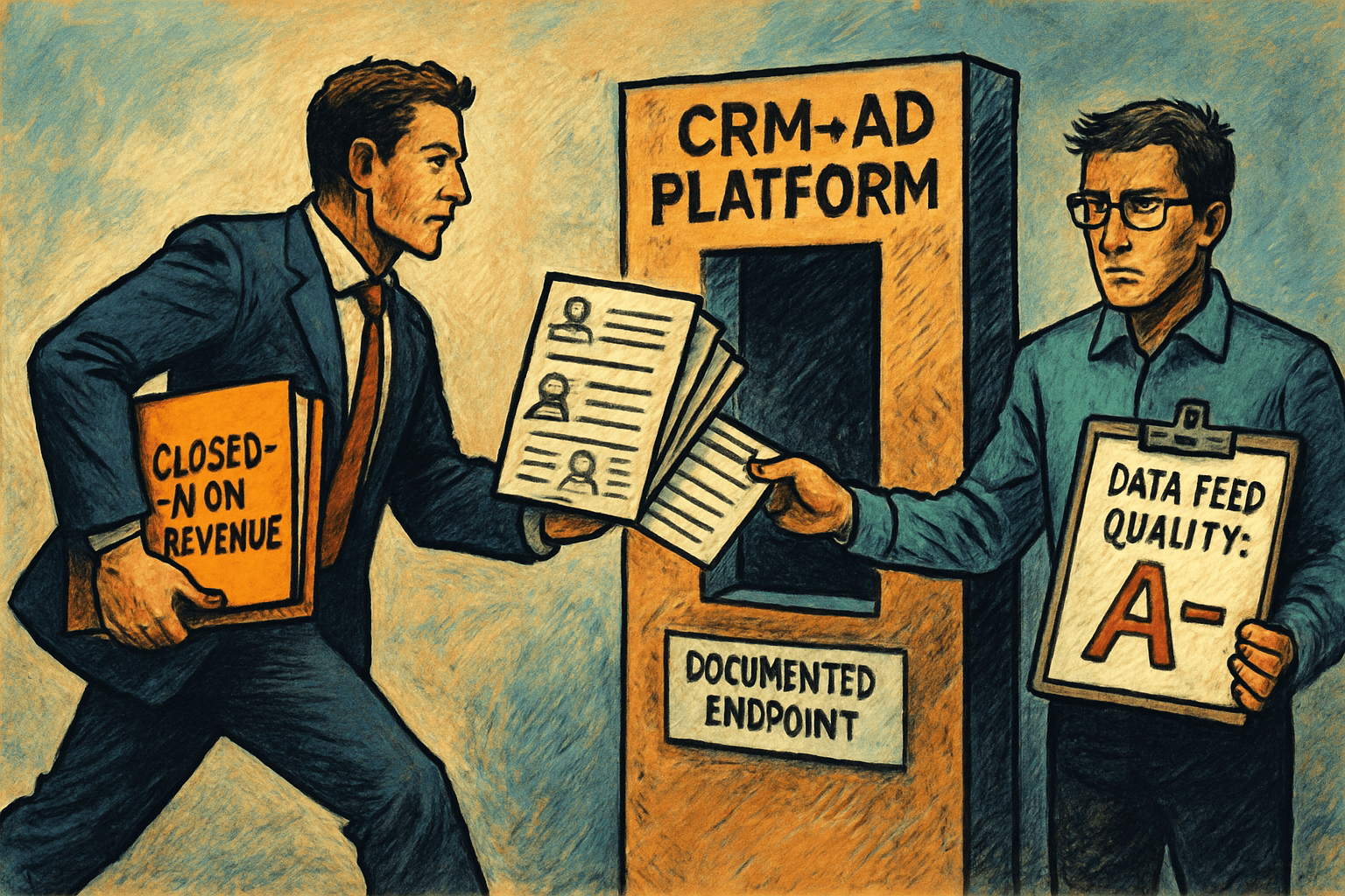 A marketer passes Closed-Won Revenue and records through a CRM to Ad Platform gate to a representative holding an A− grade.
