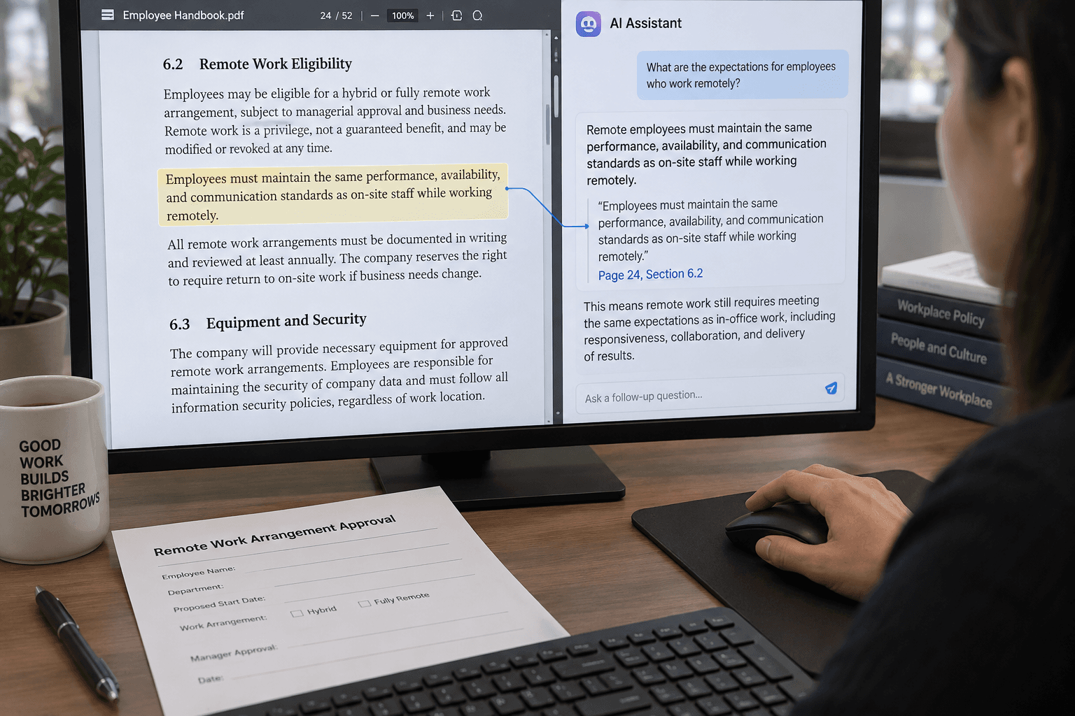 A person checks an AI answer’s citation against a highlighted policy passage, with an unsigned approval form nearby.