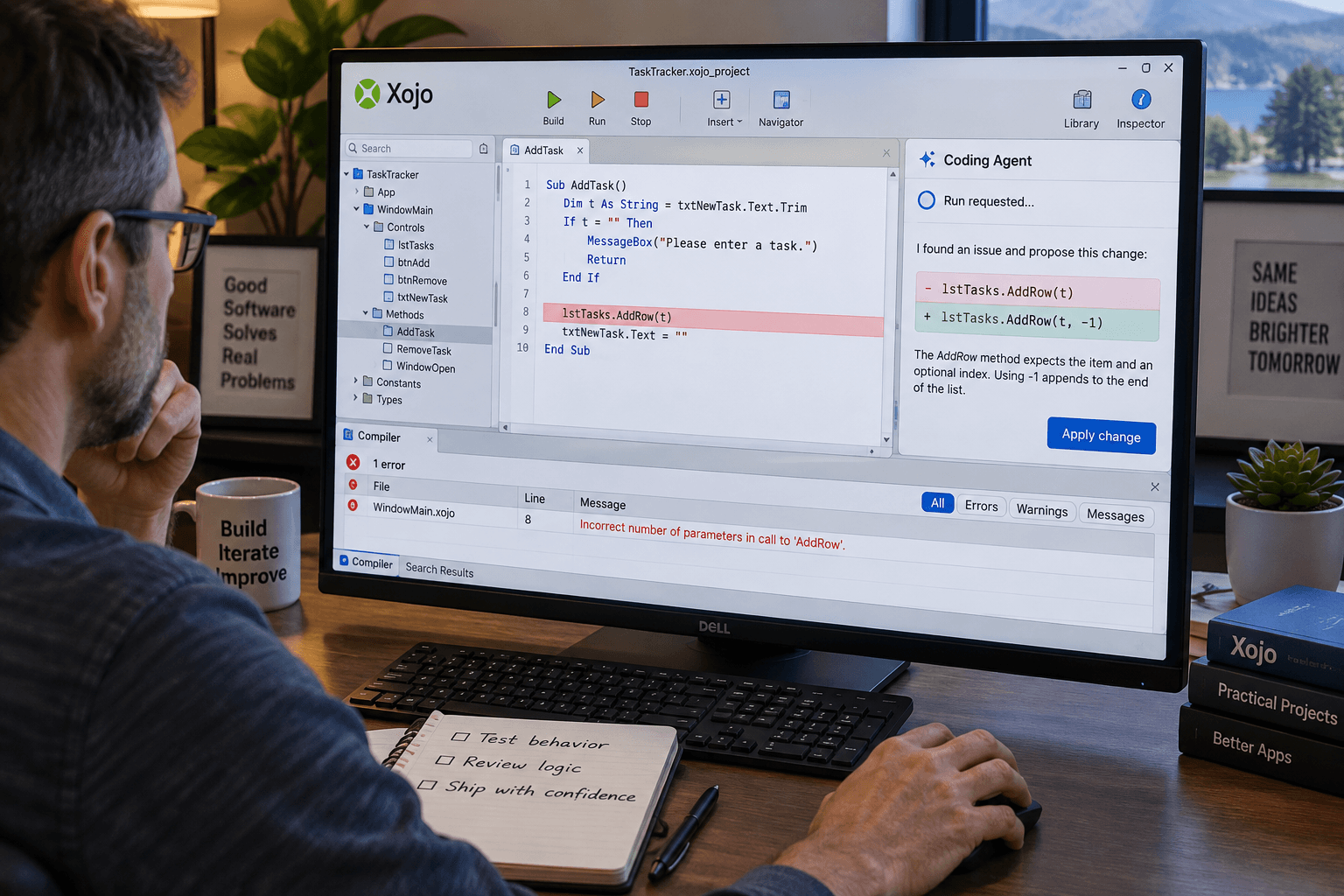 A developer reviews an agent's code changes in Xojo, with a compiler error, a corrected line, and a testing checklist.