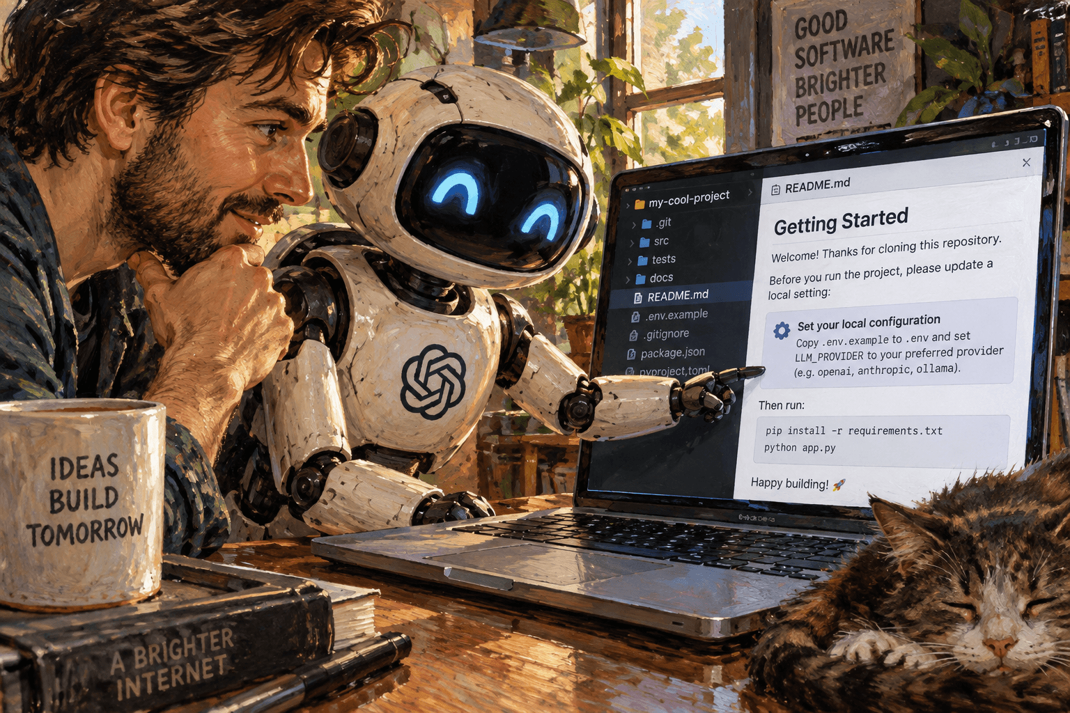 A developer points a coding agent at a cloned repository on a laptop as it reads instructions to change a local setting.