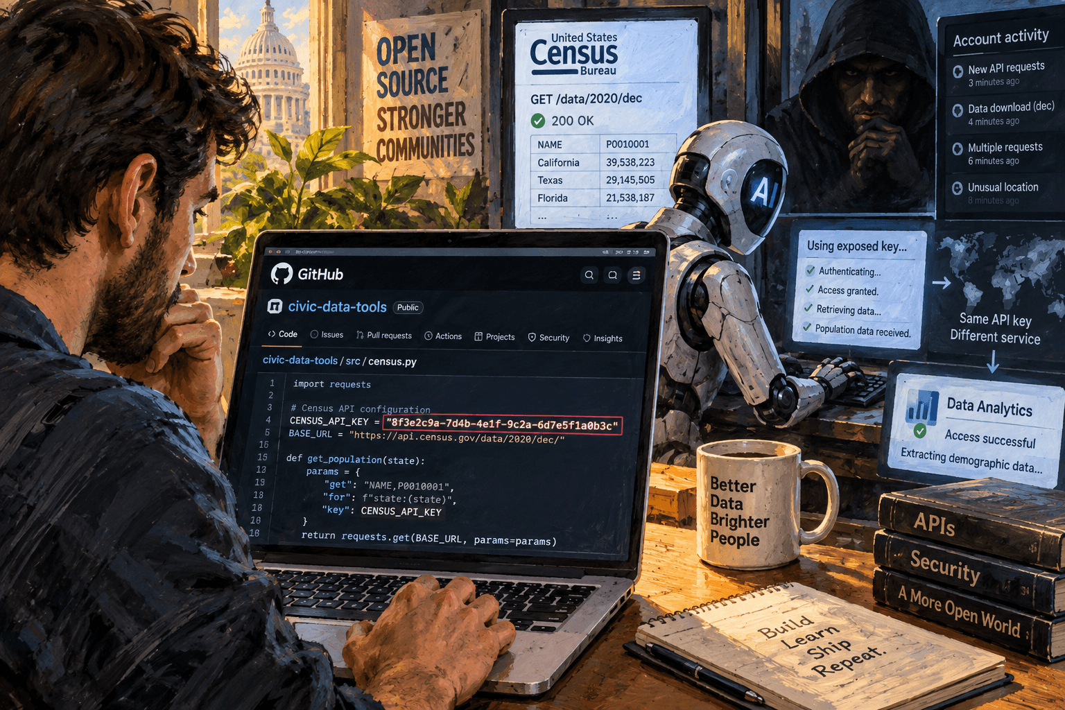A developer views a public GitHub repository exposing a Census API key while an AI agent uses it and a stranger watches.