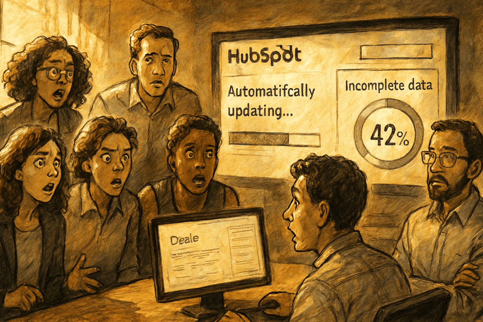 Six sales team members watch HubSpot update their CRM while a dashboard shows incomplete deal data; no one types.
