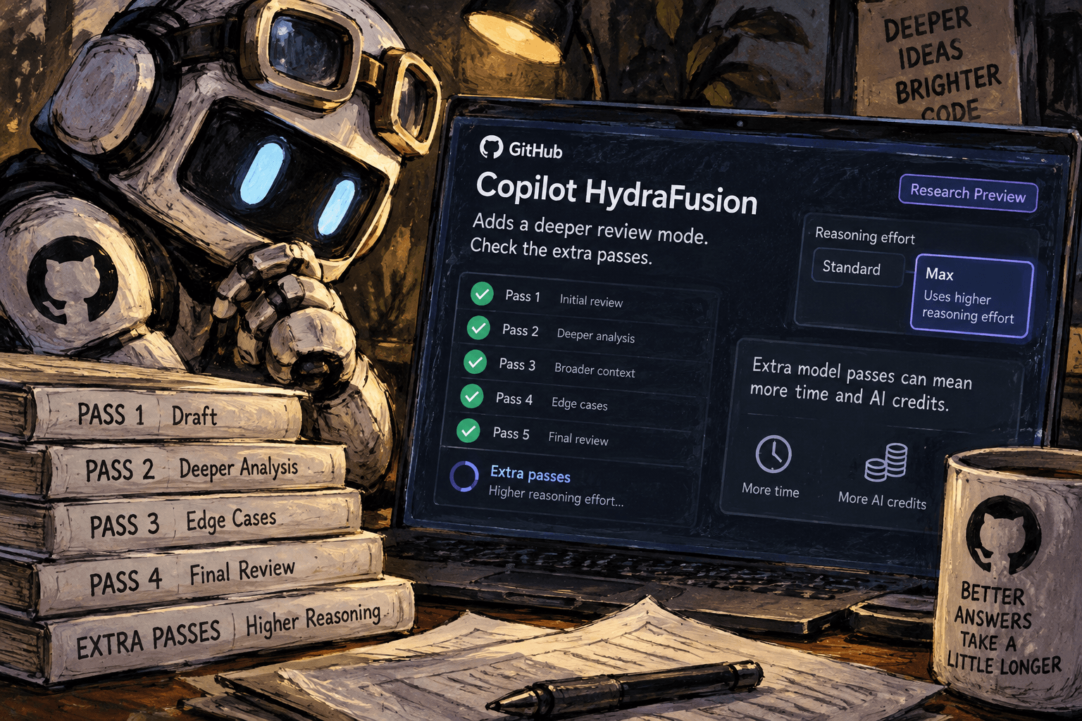Copilot HydraFusion offers a Max option for deeper review with extra model passes that can use more time and AI credits.