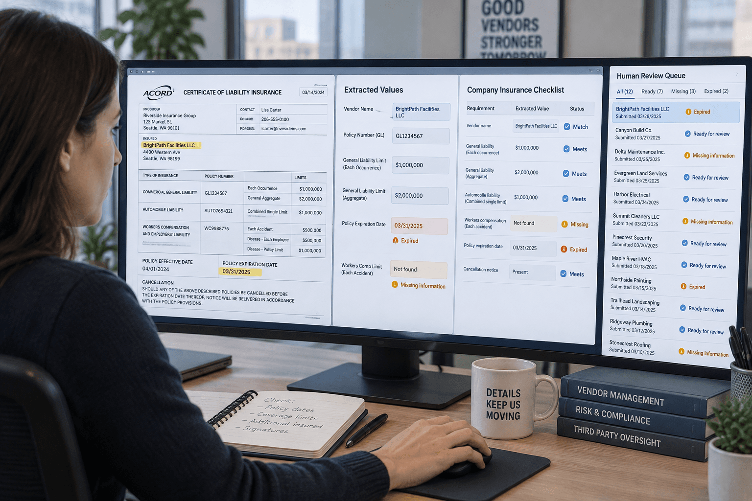 A coordinator reviews a vendor insurance certificate on screen, checking an expired date and missing coverage.
