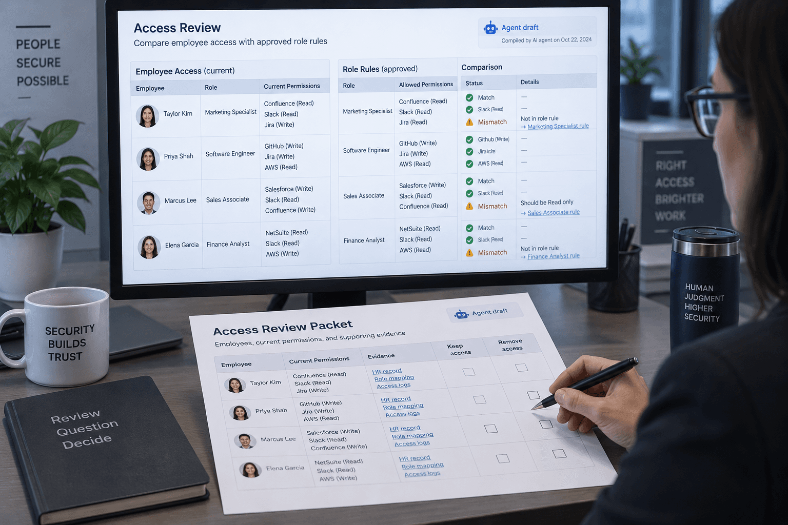 A security analyst holds a pen over blank Keep access and Remove access columns in a packet prepared by AI.