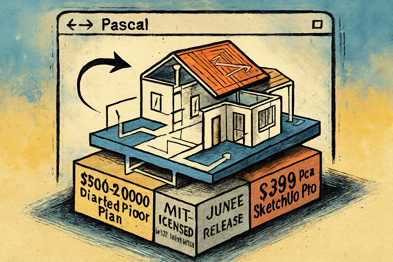 A cutaway house in Pascal shows code becoming geometry above $500–$2,000, $399 yearly, and MIT foundation layers.