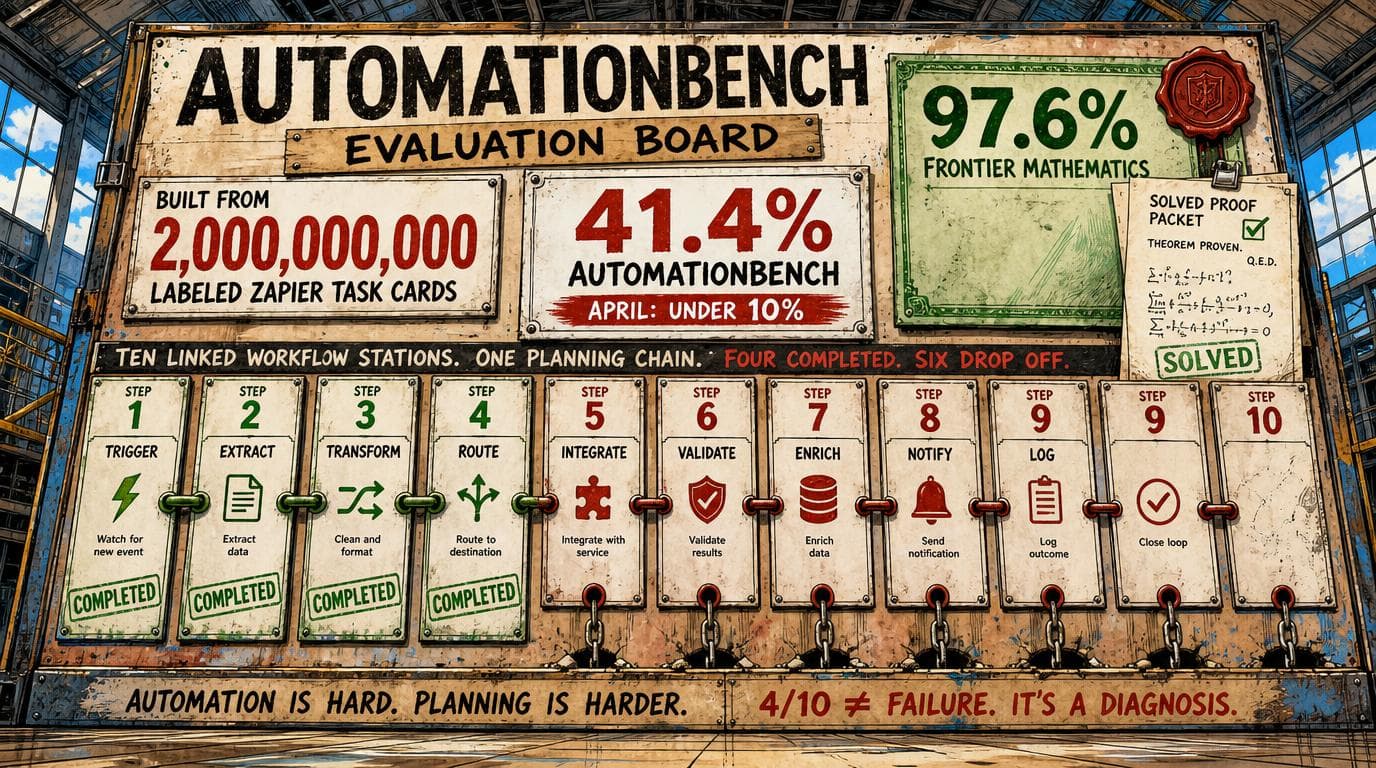 AutomationBench board shows ten workflow stations, four completed and six with gaps, alongside results of 41.4% and 97.6%.