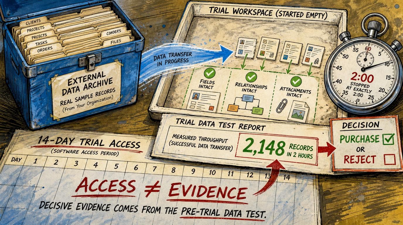 A two-hour data transfer test measures intact records and links the result to a purchase or reject decision.