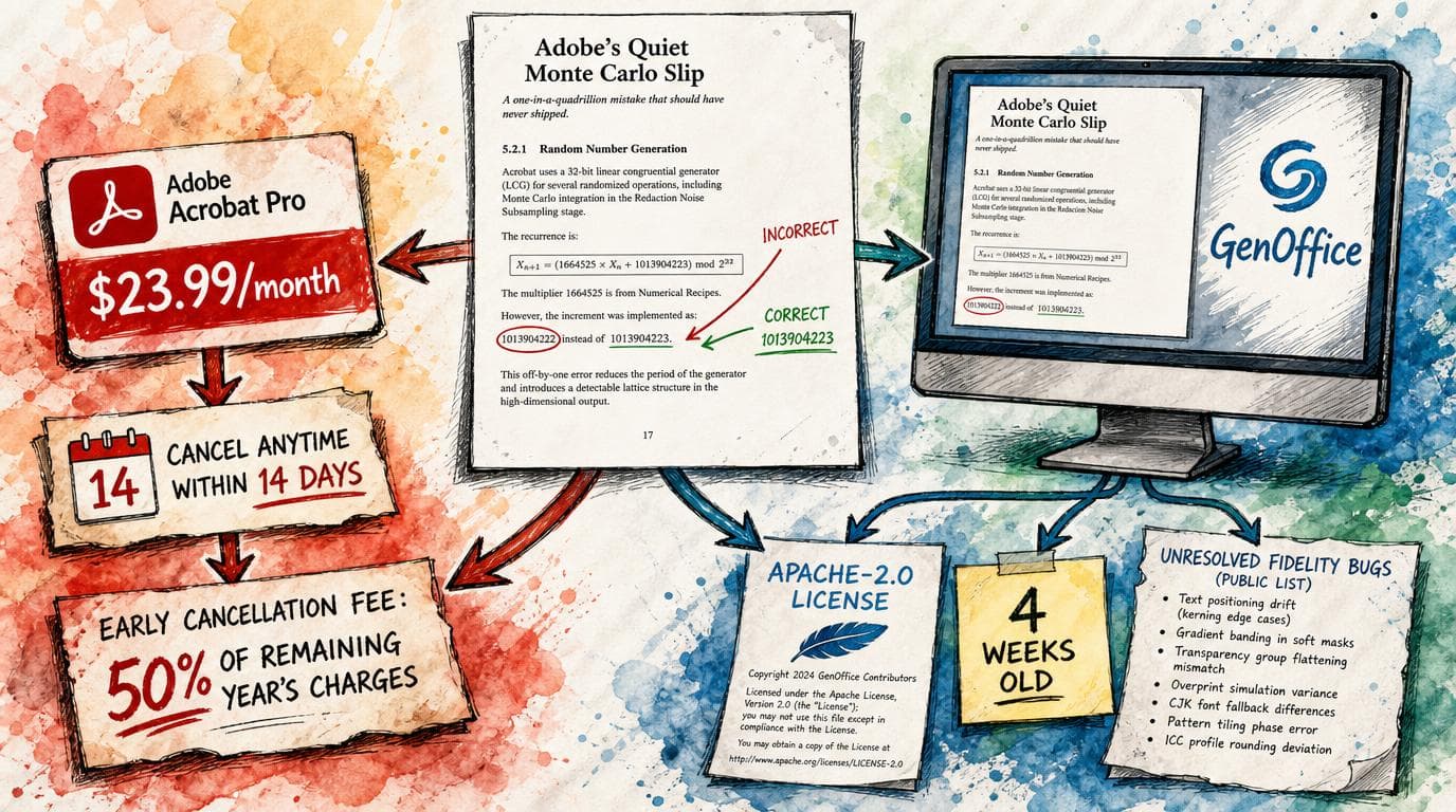 A corrected PDF branches to Acrobat Pro costs and cancellation fees or GenOffice with an Apache license and known bugs.