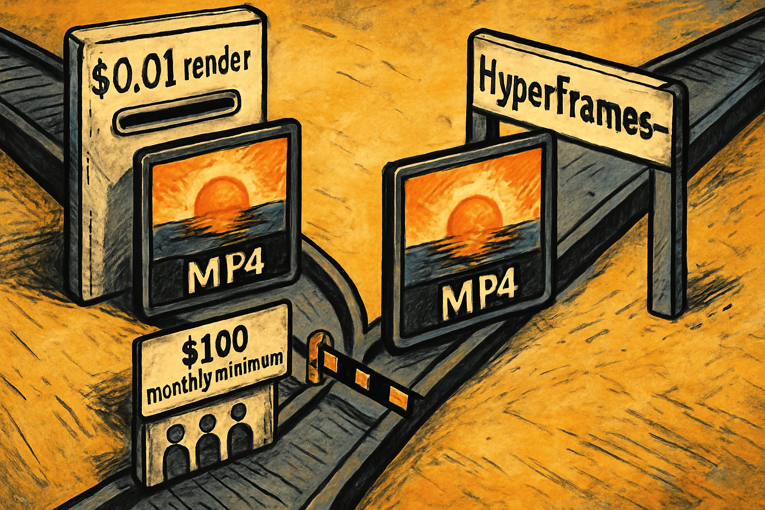 A duplicated MP4 takes either a $0.01 render path with a $100 minimum and barrier, or an open HyperFrames Apache 2.0 gate.