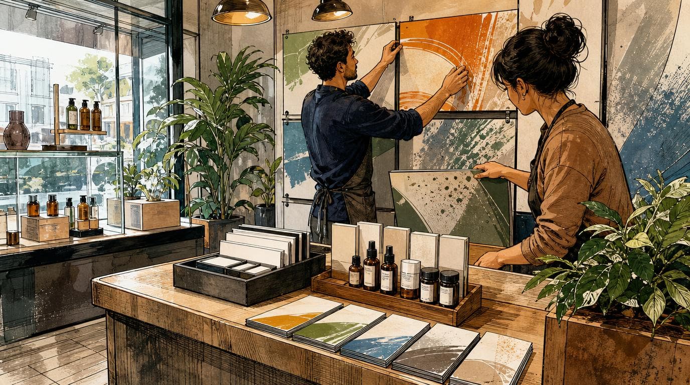Two staff rearrange printed panels in a compact storefront beside a counter, samples, forms, portrait cards, and brochures.