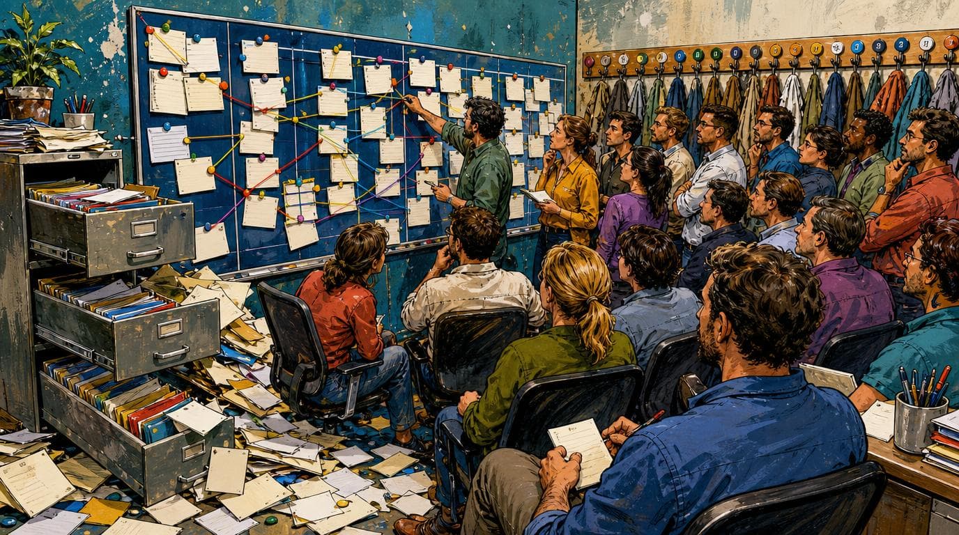 A cramped planning room has a crowded task board, 26 coat hooks, chairs, and folders spilling from a cabinet.