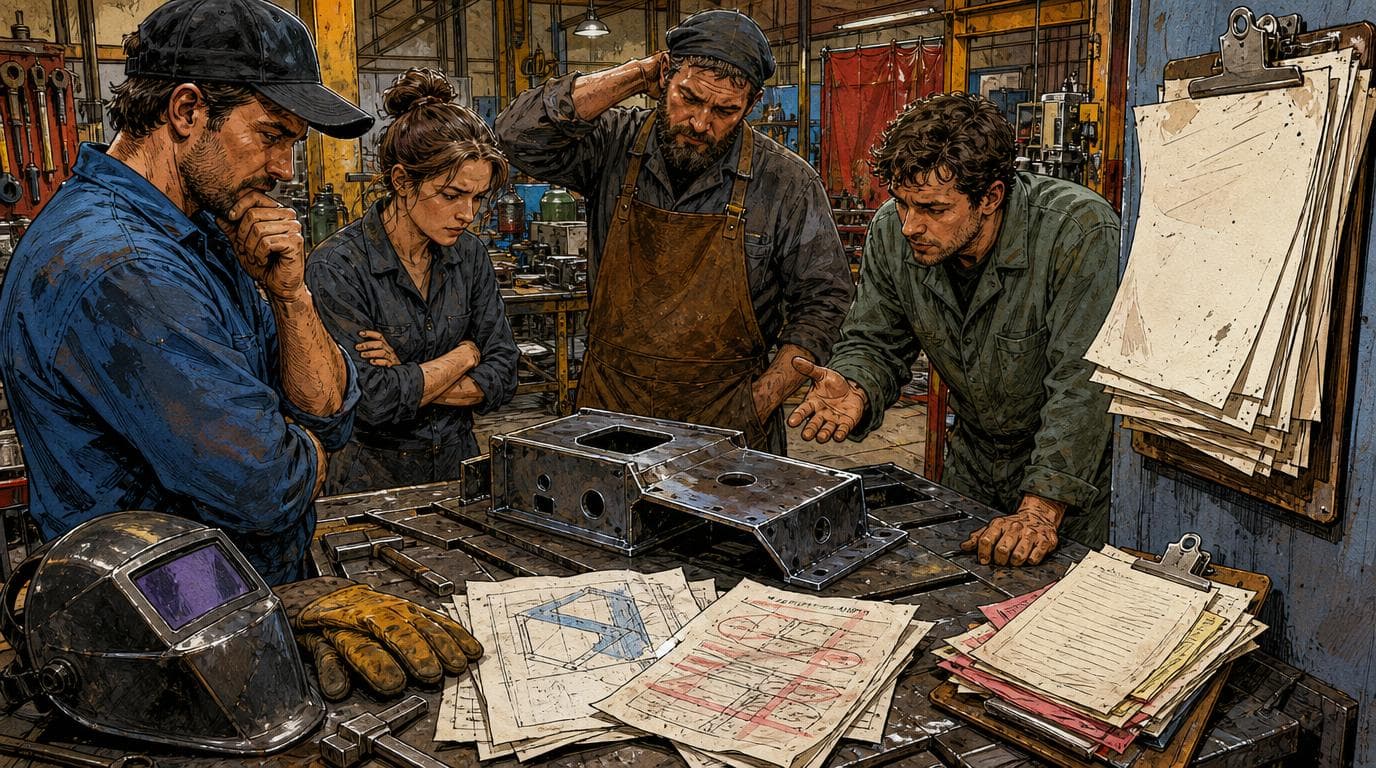 Workers gather around an unfinished metal part, altered specifications, a purchase order, and a mismatched invoice.