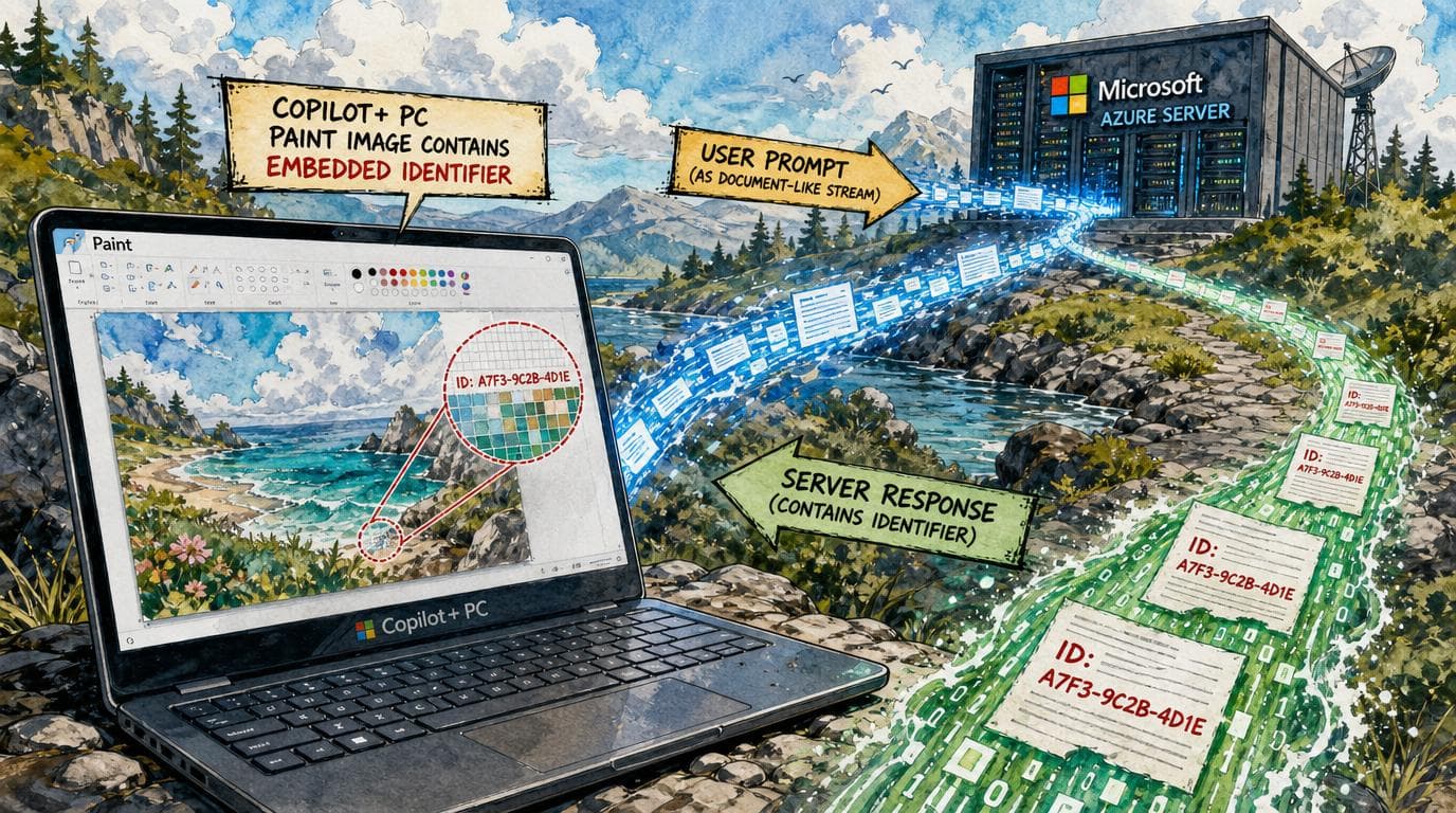 A Copilot+ laptop sends a Paint prompt to a Microsoft server, which returns an identifier embedded in the image.