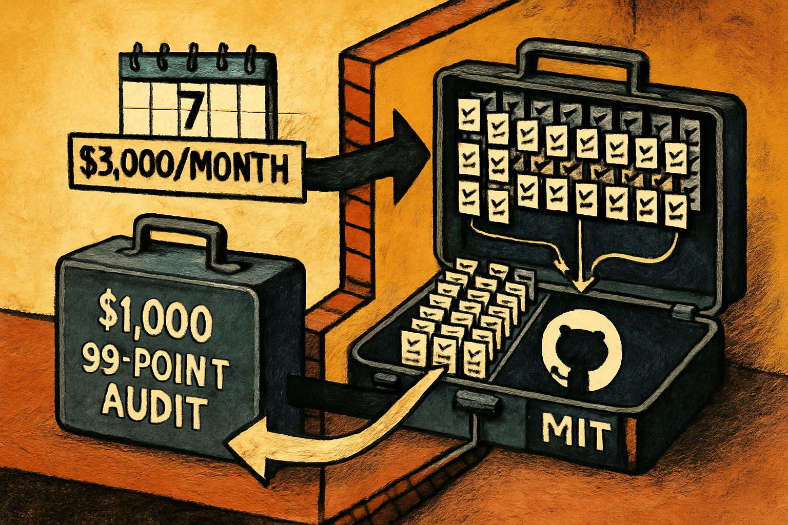 A $1,000 seven day audit and $3,000 monthly contract contrast with 50 checklists published in an MIT GitHub repository.