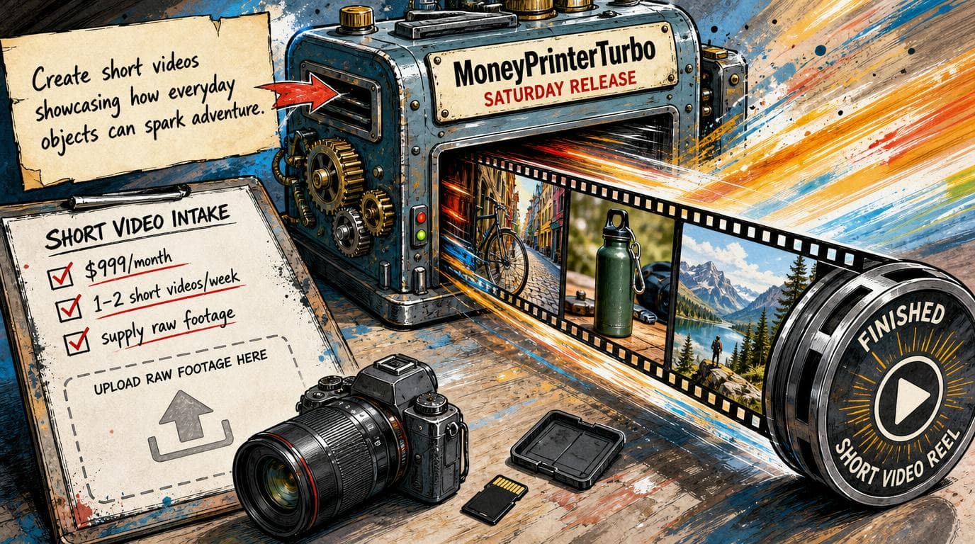 A brief enters a MoneyPrinterTurbo box, generating video frames while a form lists $999/month and 1–2 videos weekly.