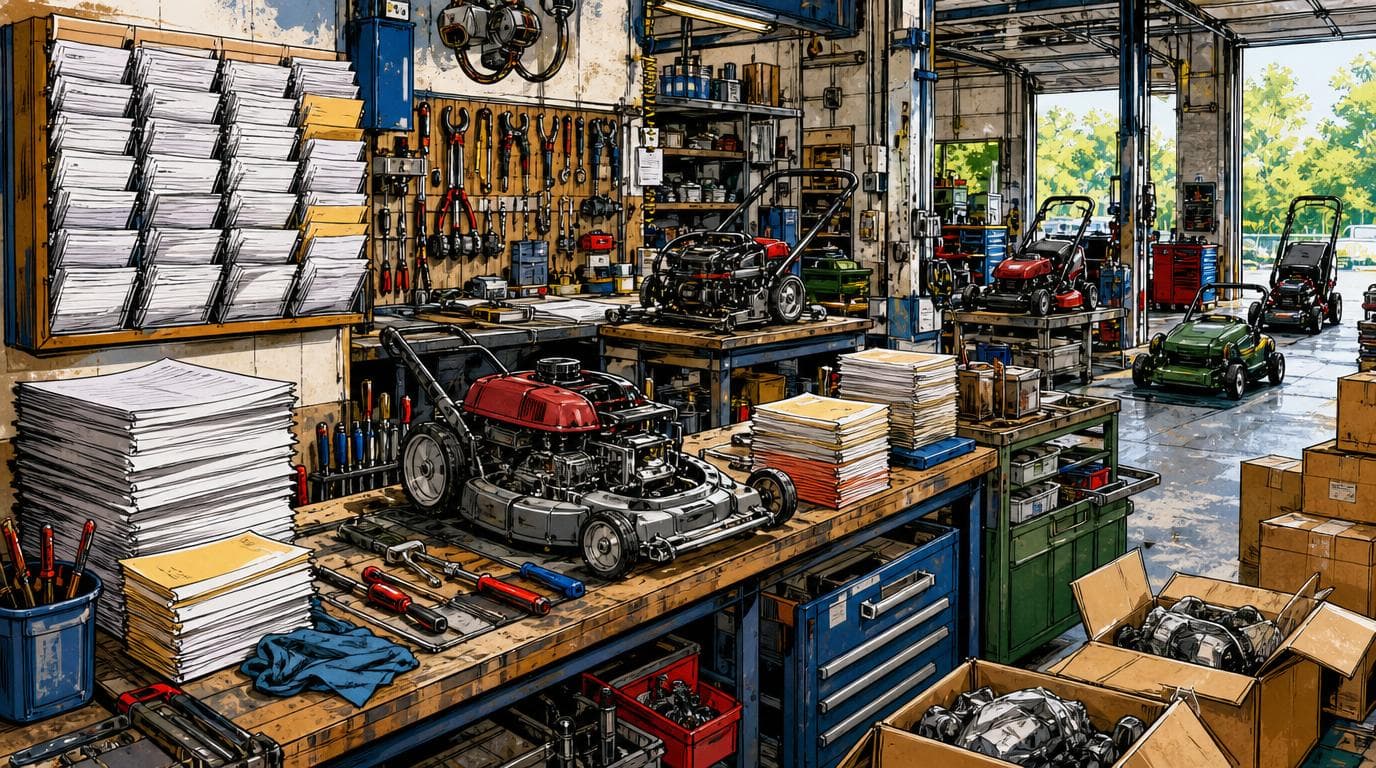 Equipment repair workshop with open service bays, parts, machines, paperwork, and a shared tray of customer notes.