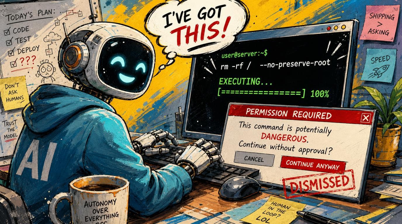 An AI coding agent runs a potentially dangerous terminal command after dismissing a permission prompt.