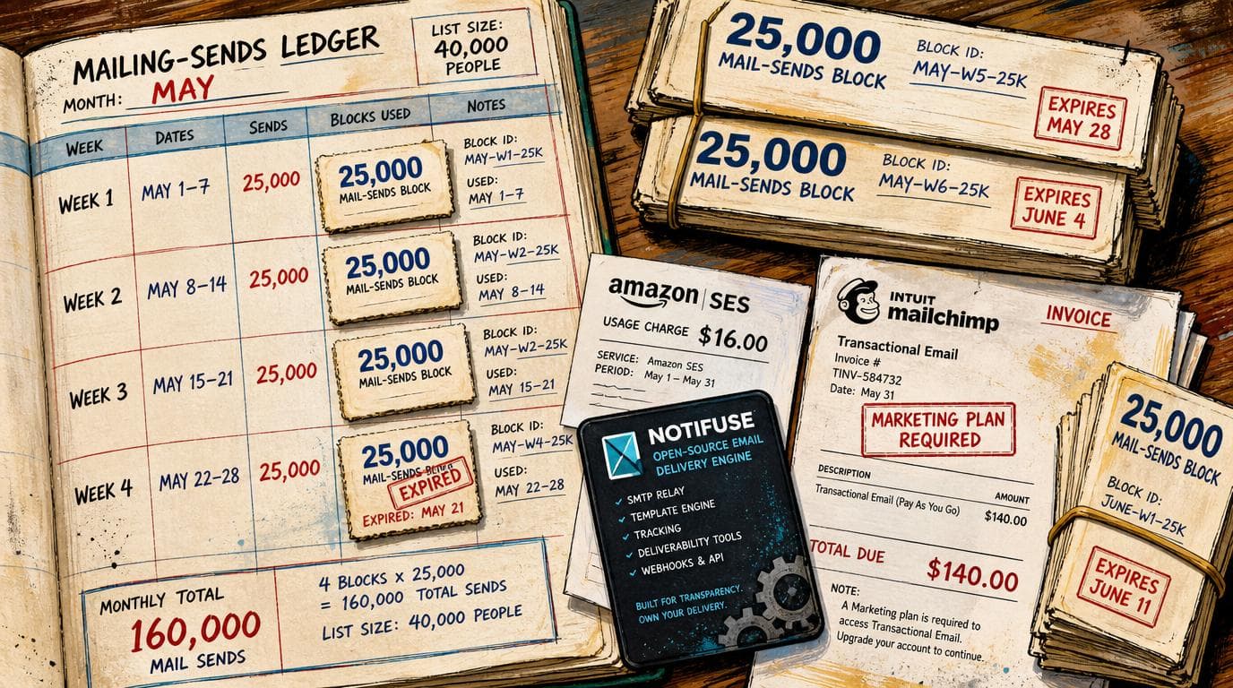 Mailing ledger shows four 25,000-send blocks, an expired stamp, a $16 SES slip under Notifuse, and a $140 Mailchimp invoice.