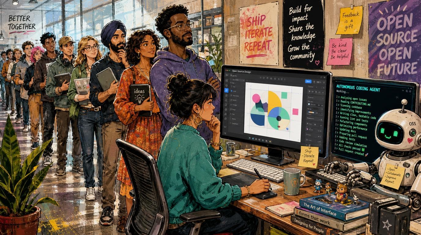 One designer uses an open source design app as collaborators queue behind and an autonomous coding agent works beside them.