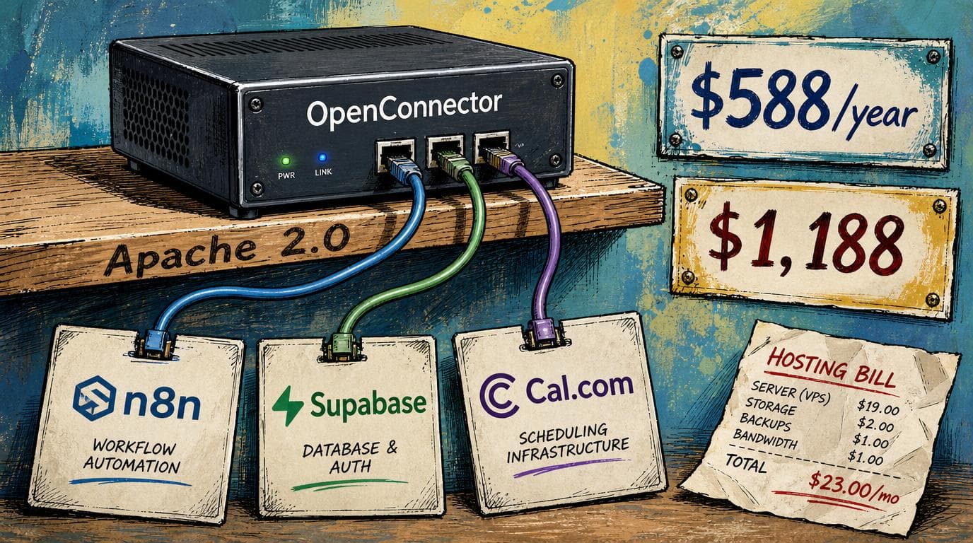 OpenConnector server box on an Apache 2.0 shelf connects to three tool account cards, with $588/year, $1,188, and hosting bill nearby.