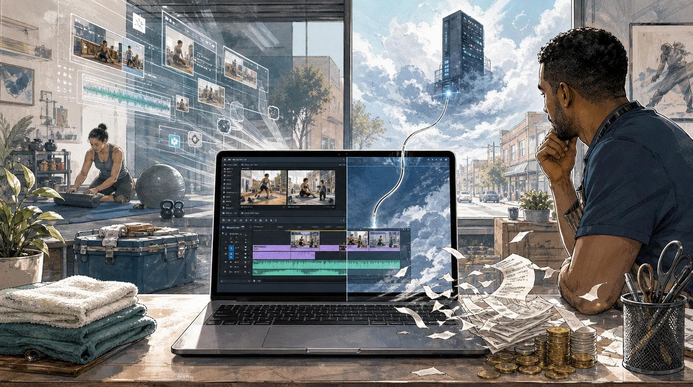 Laptop screen split between a local video-editing timeline and footage streaming to a distant server, with shredded receipts nearby.