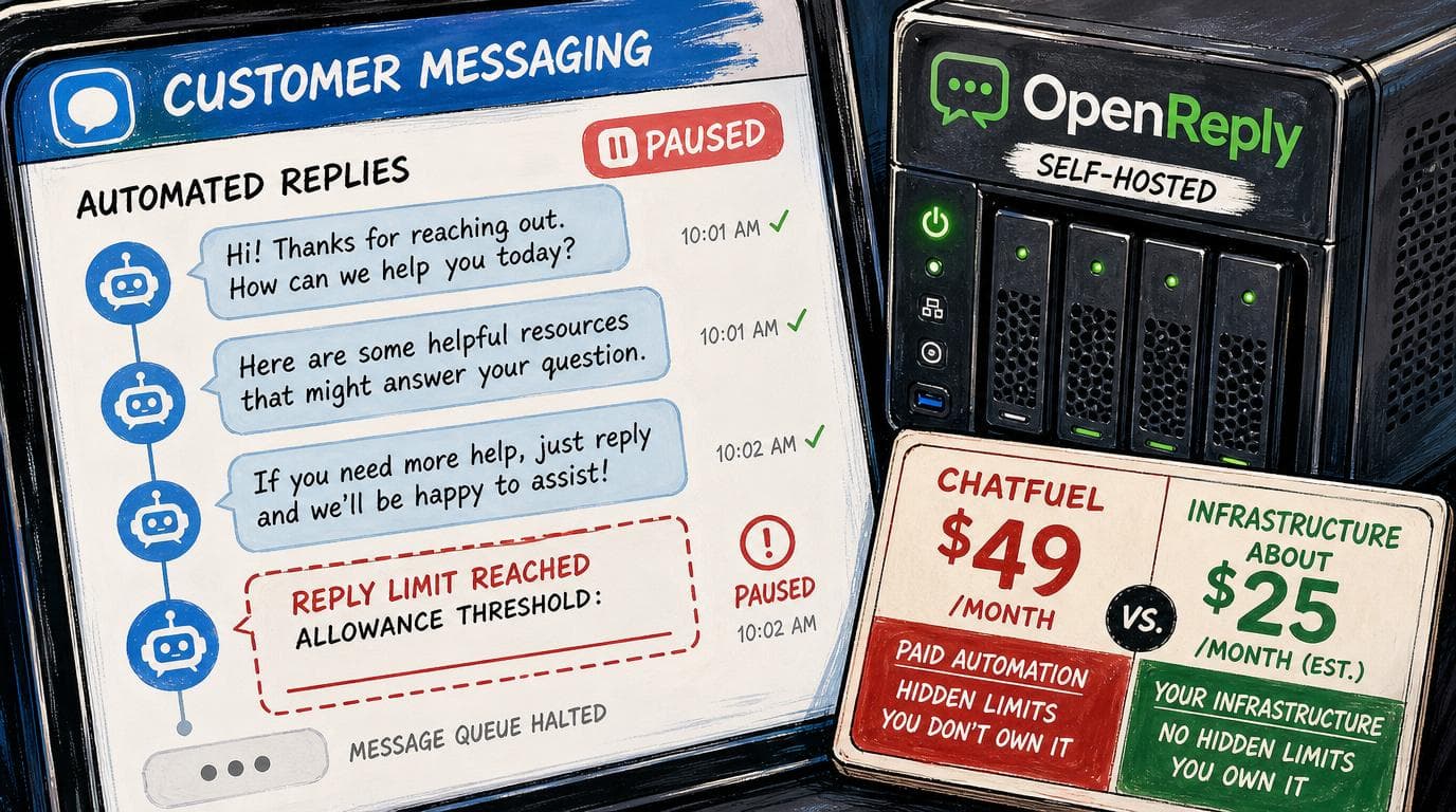 Paused terminal shows an undisclosed limit beside an OpenReply server; Chatfuel costs $49 monthly versus $25 for hosting.