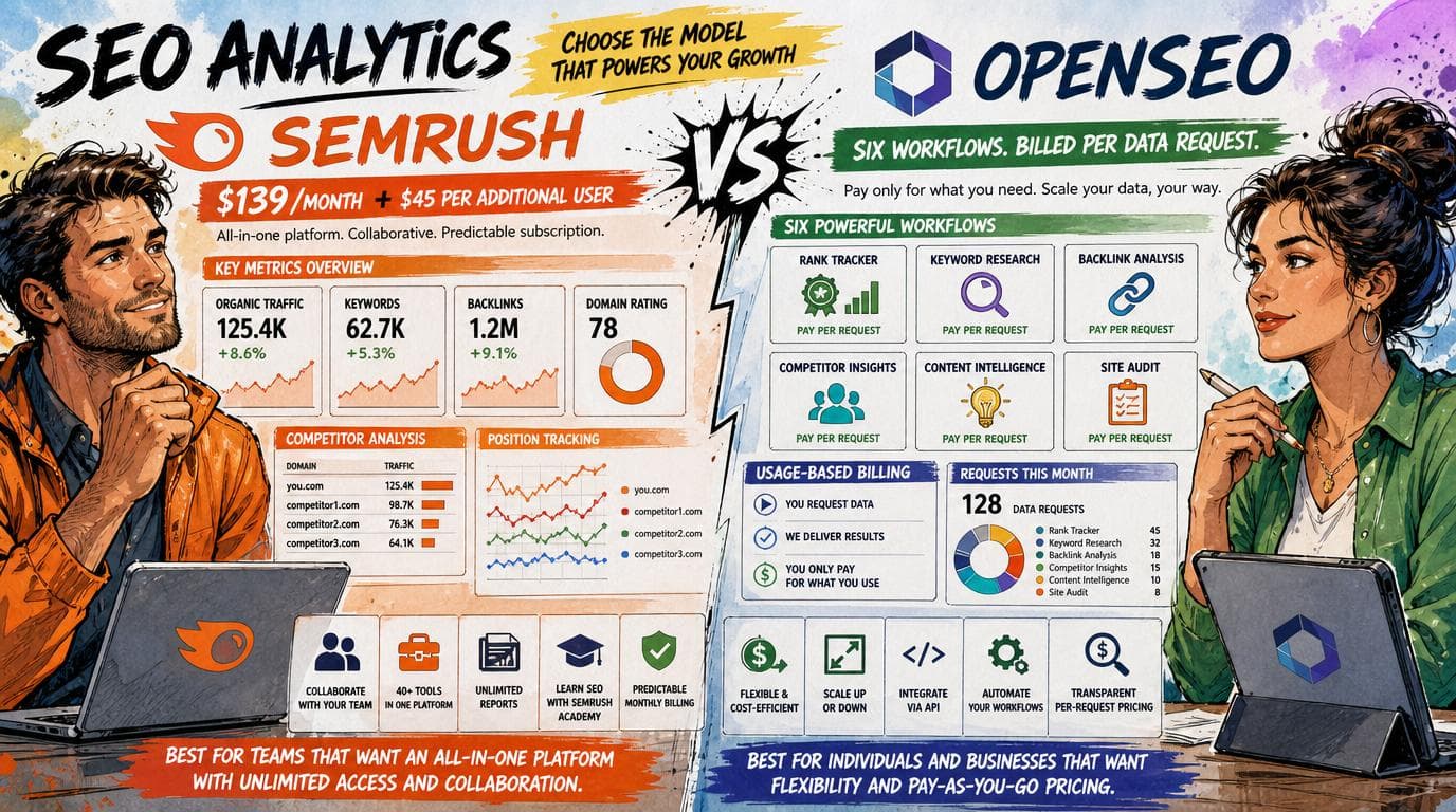 SEO dashboard comparing Semrush’s $139 monthly plan plus $45 per user with OpenSEO’s six workflows billed per request.