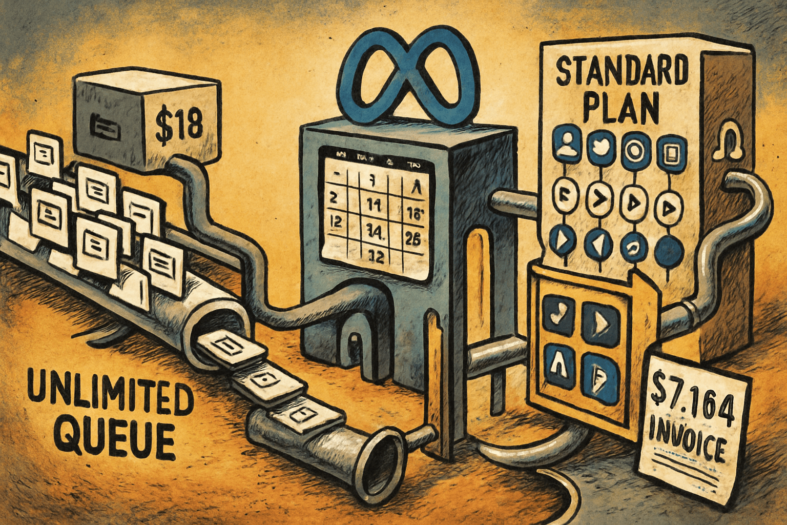 Two social posting pipelines await Meta approval, with one costing $18 and the other $7,164 annually after a monthlong delay.