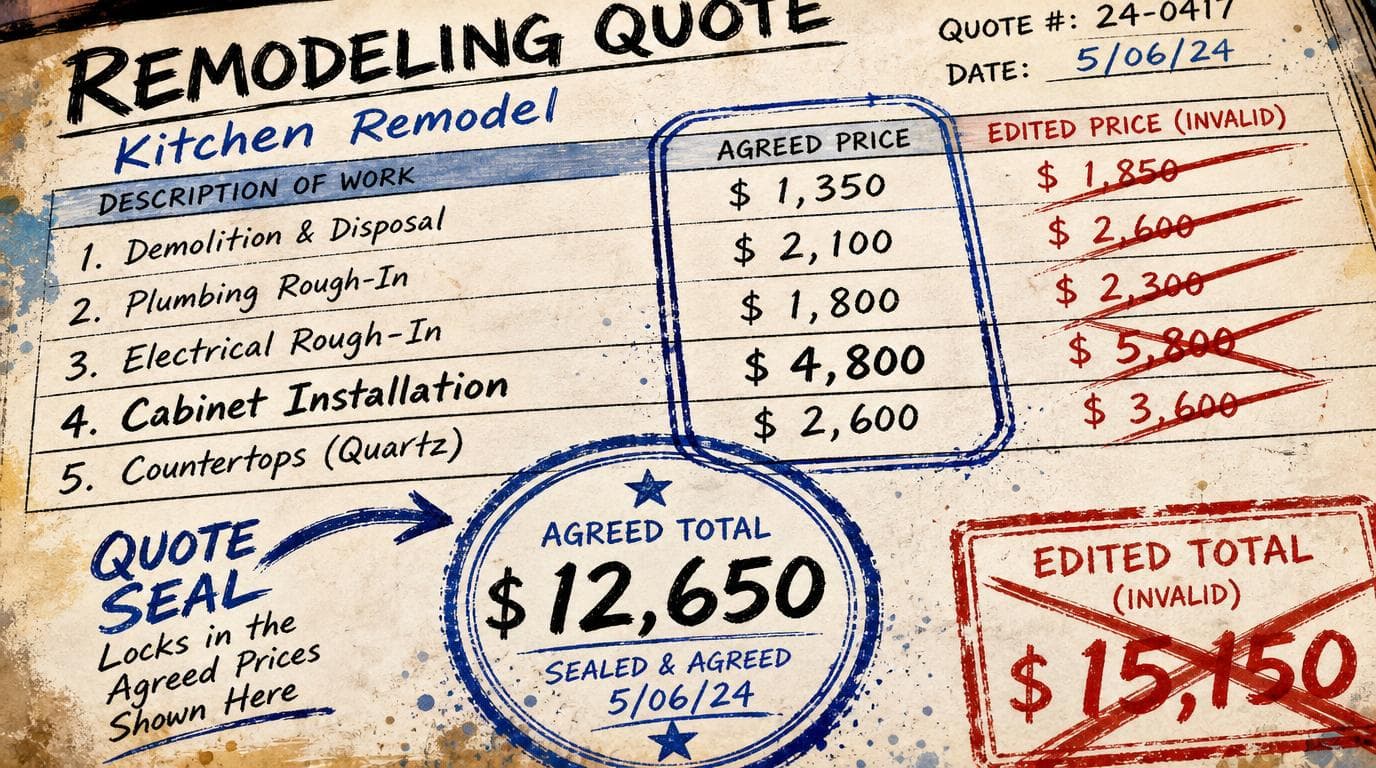 A contractor’s quote seal encloses itemized prices and an agreed total, while an altered replacement number is crossed out.