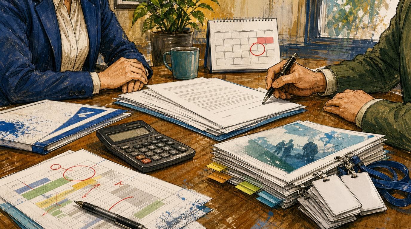 A nonprofit team reviews a renewal contract, pricing sheet, and unused access cards before signing.