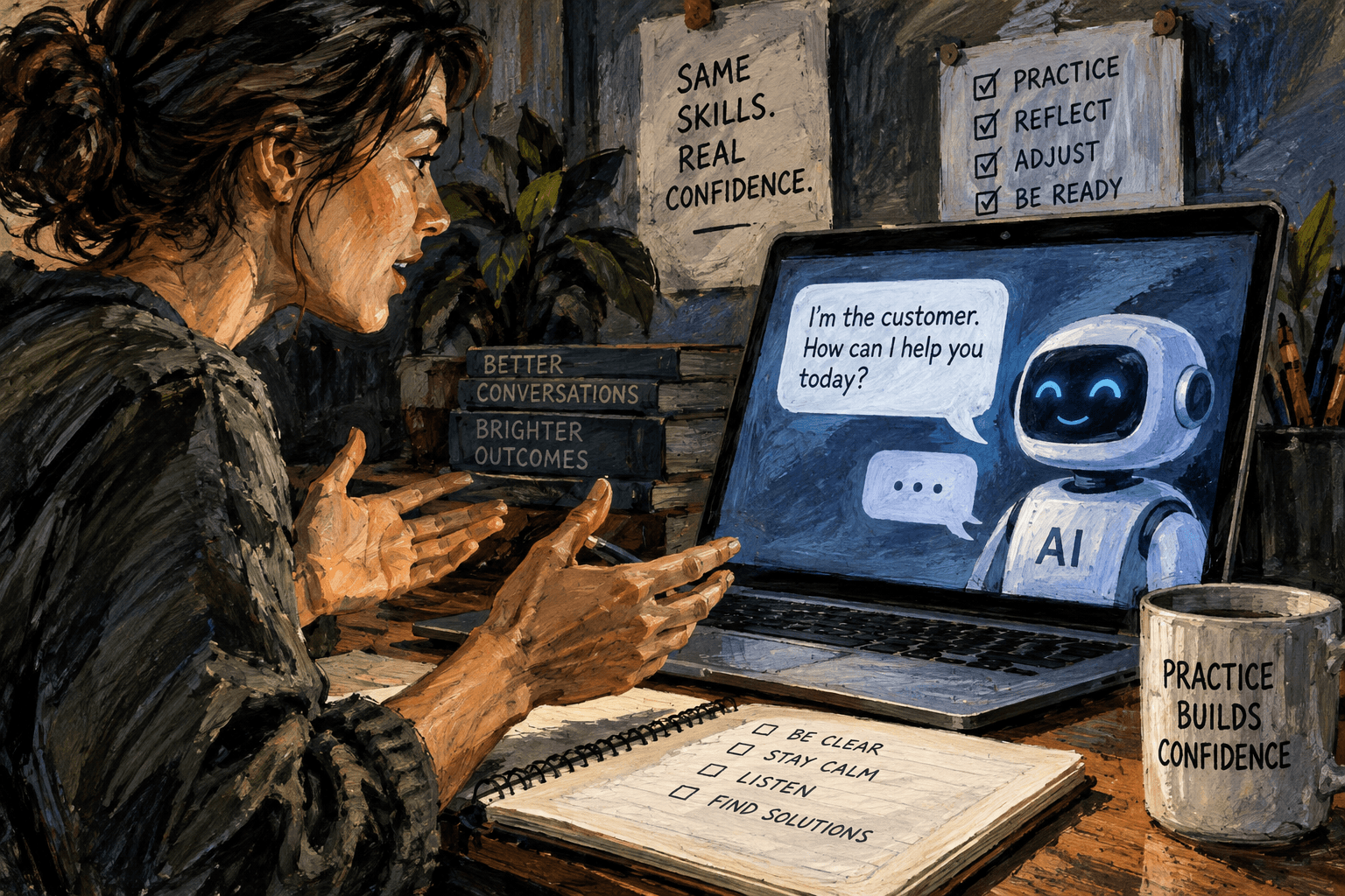 A person practices a conversation with an AI role-play on a laptop.