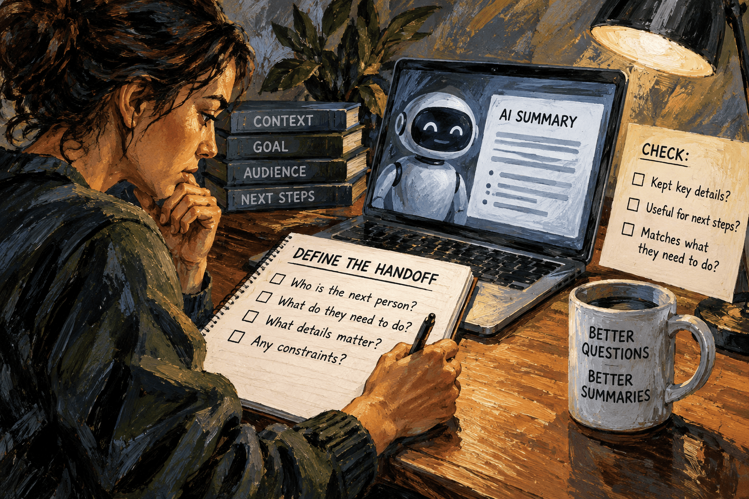 A writer defines the next person and their needs before checking an AI summary.