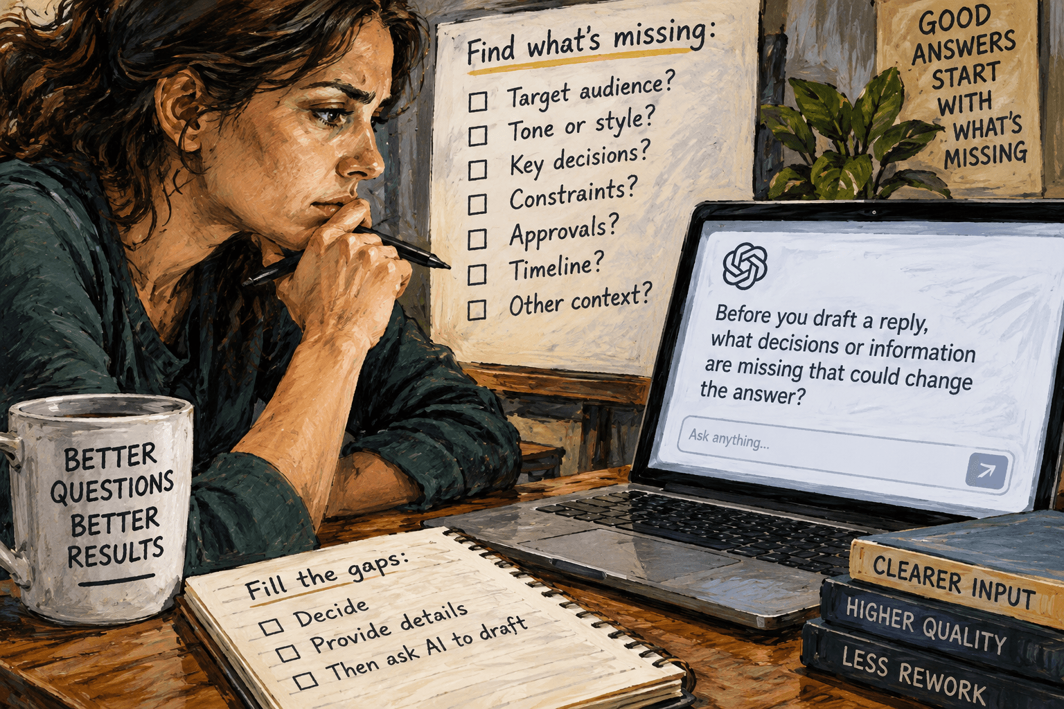 A writer considers missing decisions and context before asking AI to draft.