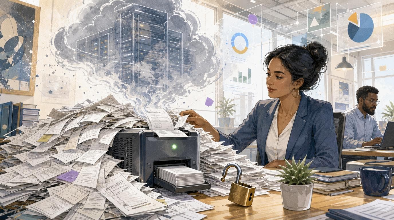 A desk server converts scattered receipts into neat cards while a cloud shape forms in its steam beside an open padlock.