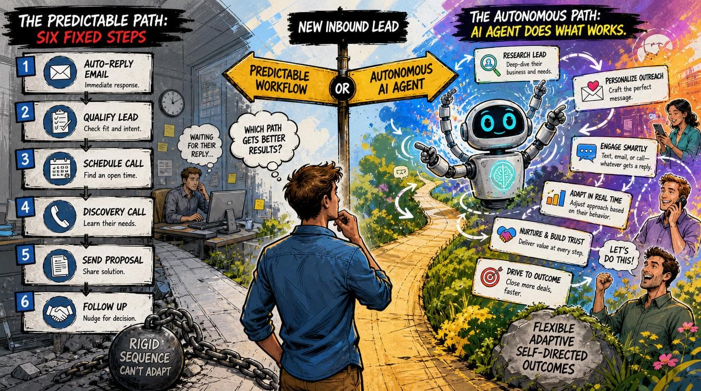 A fixed six-step inbound lead workflow contrasts with an autonomous AI agent that chooses its own actions.