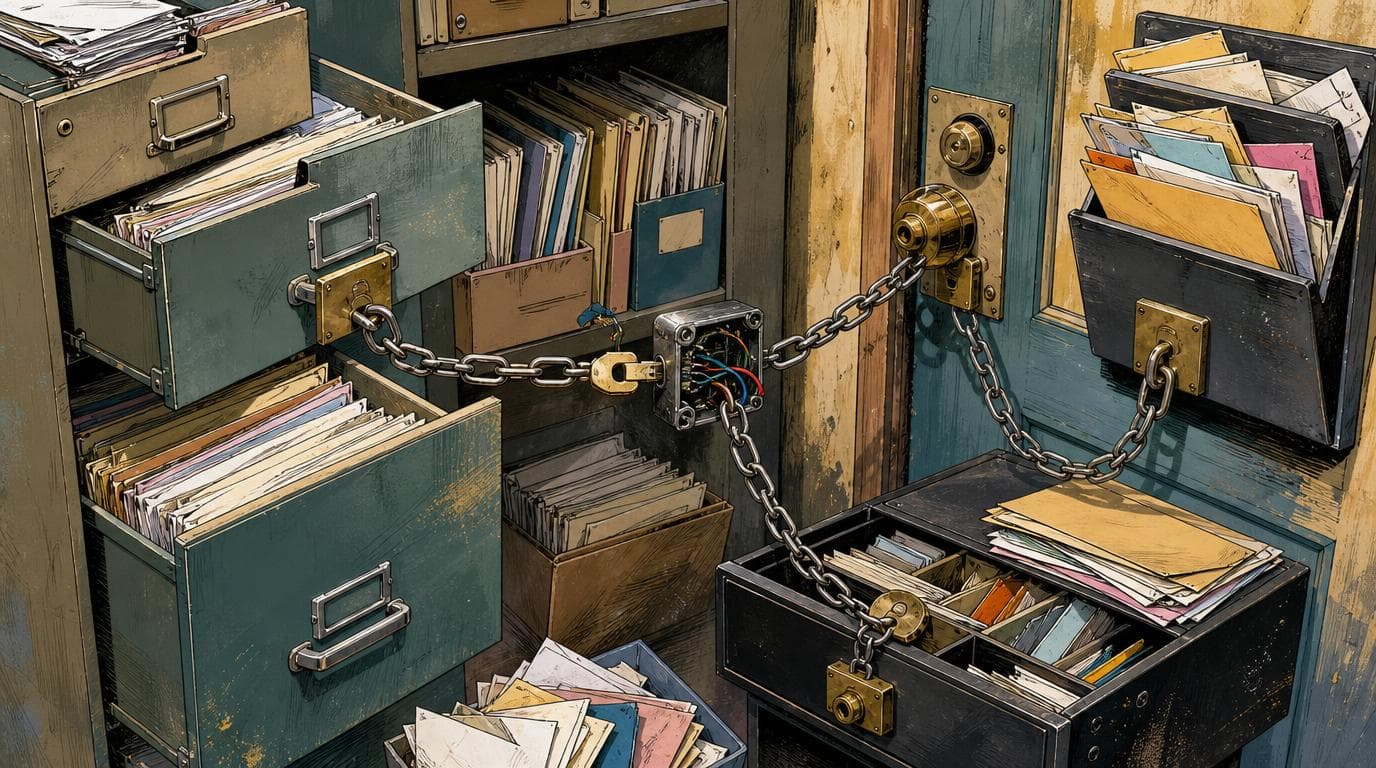 Open filing cabinets hold papers as one key links their locks and wires from a tampered lock reach every compartment.