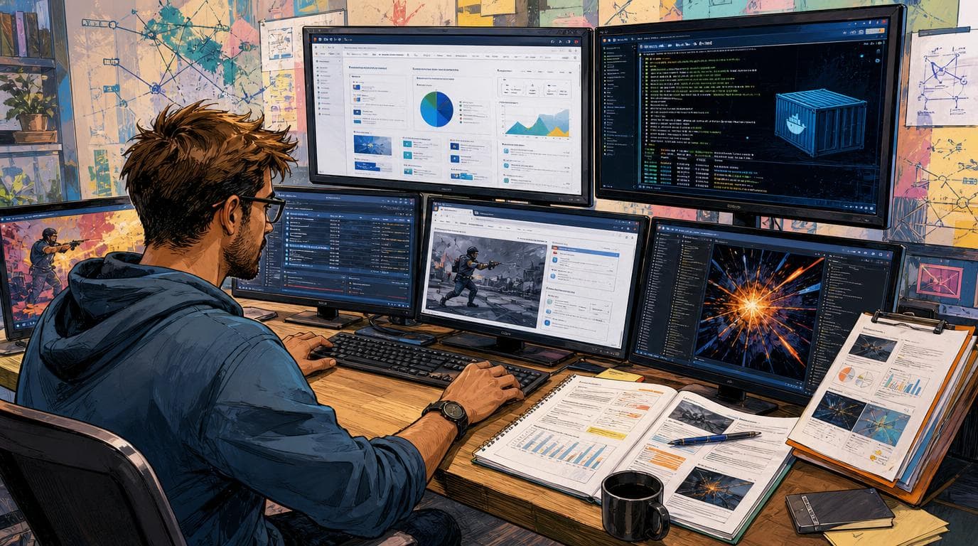 Workstation displays a web app, Docker security test, intercepted requests, an exploit, and security reports.