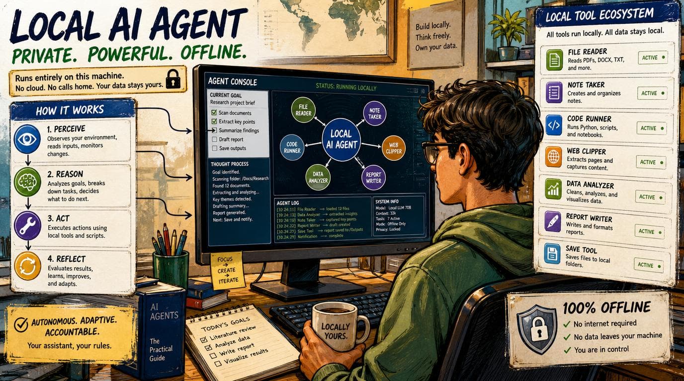 Desktop computer running an offline AI agent that coordinates multiple local software tools without cloud access.