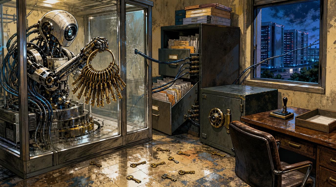 A machine in a glass booth uses cables and brass keys to access a filing cabinet,