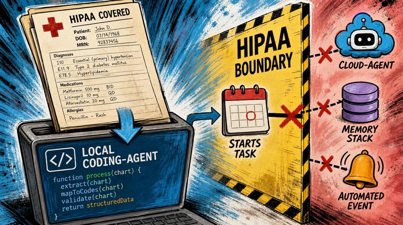 A HIPAA covered chart enters a local coding agent; a task trigger, cloud agent, memory, and event bell stop at the boundary.