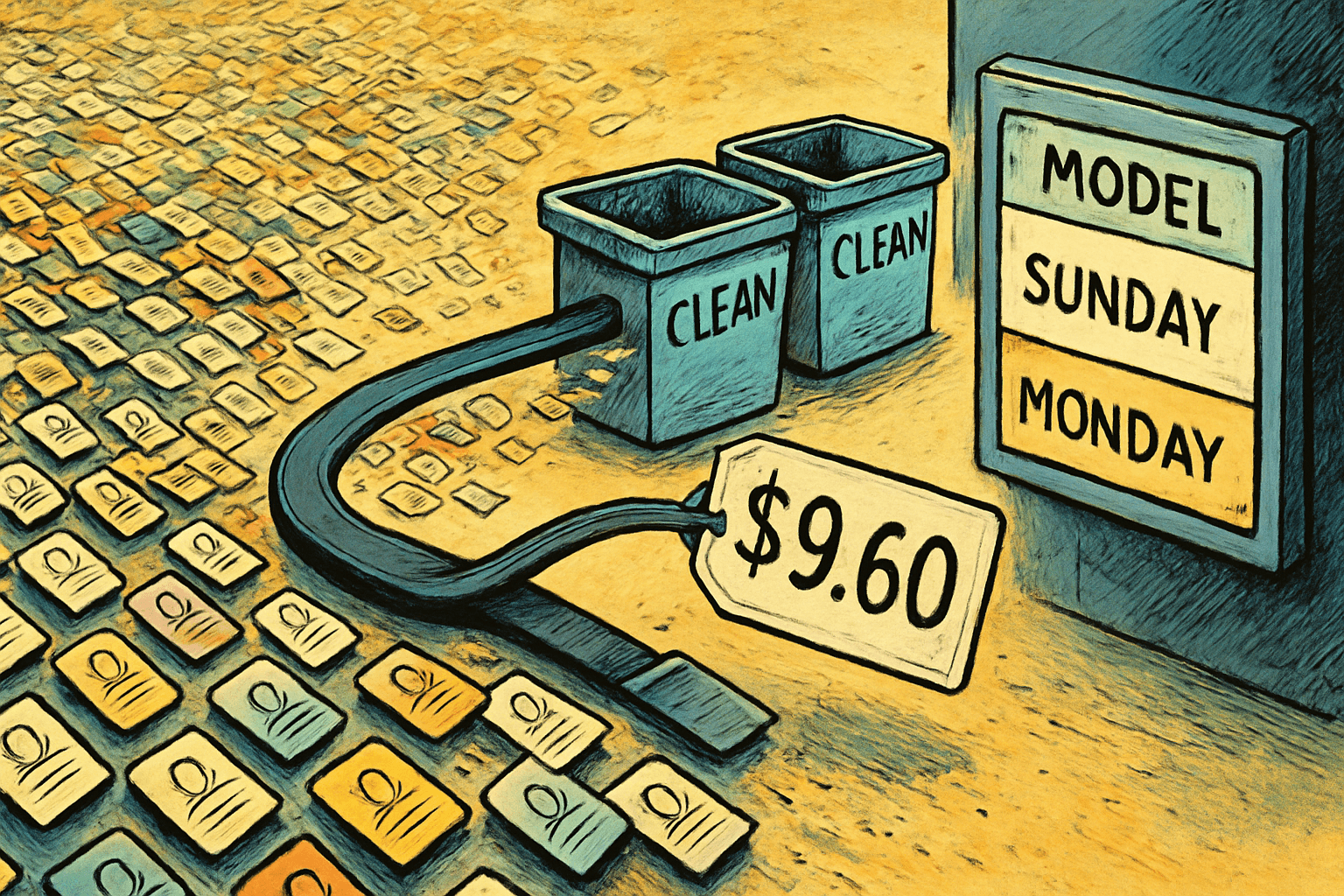 CRM records are sorted into labeled buckets for $9.60 while a model changes from Sunday to Monday without notice.