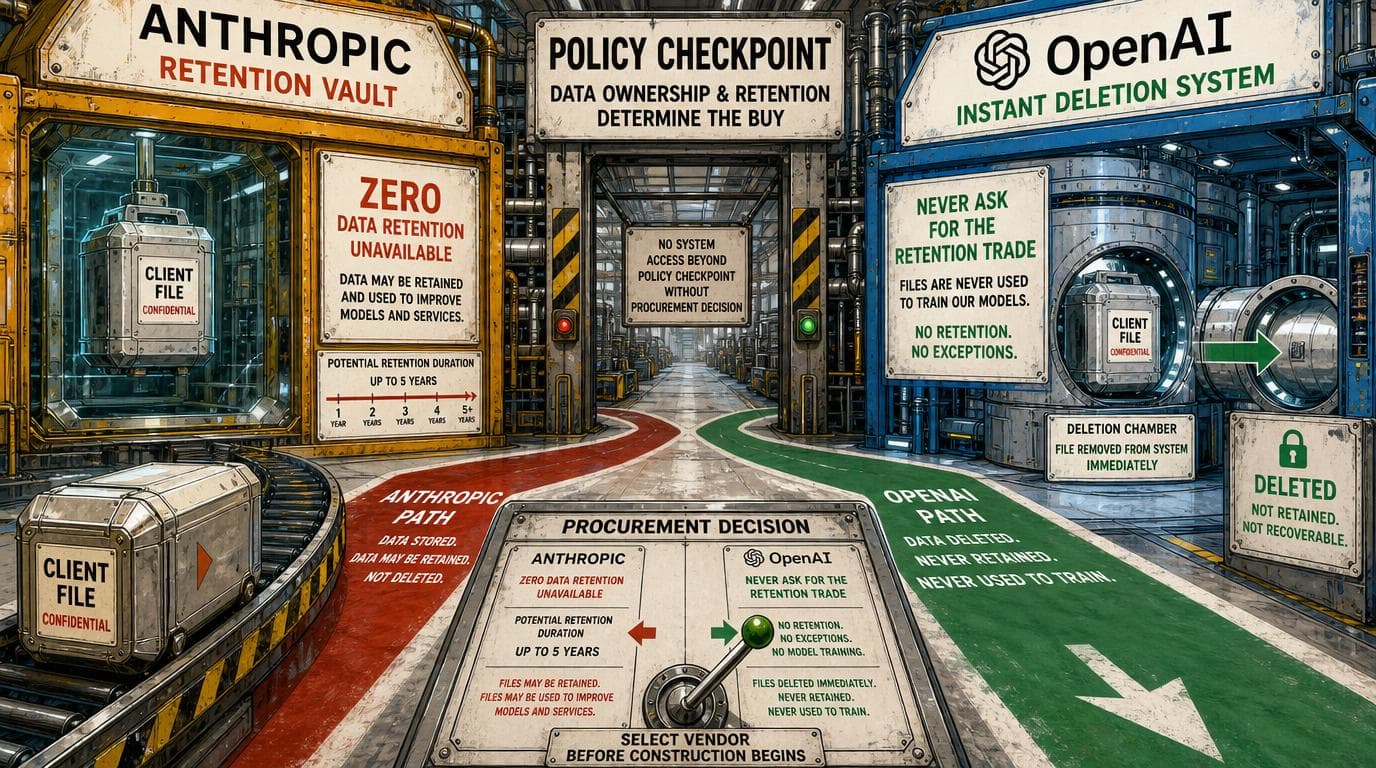 A client file reaches a policy checkpoint comparing vendors' retention terms before OpenAI is selected.