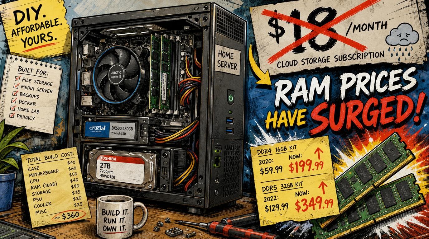 A DIY home server made from inexpensive parts sits beside a crossed-out $18 monthly cost and rising RAM prices.