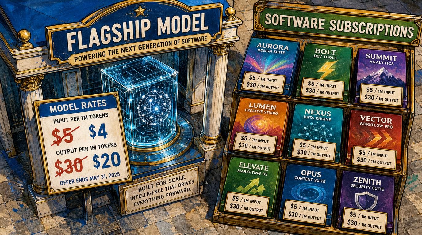 A model booth shows prices cut from $5 and $30 to $4 and $20, while software boxes keep their original prices.