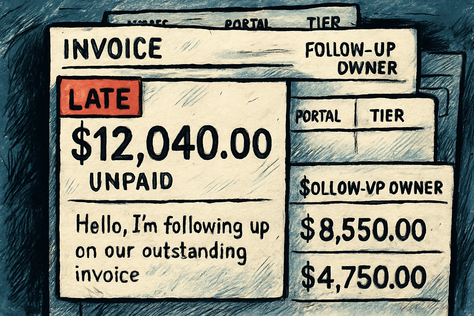 Stacked invoice cards rank unpaid amounts, with a late top invoice, drafted chase email, repeated tabs, and no follow-up owner.