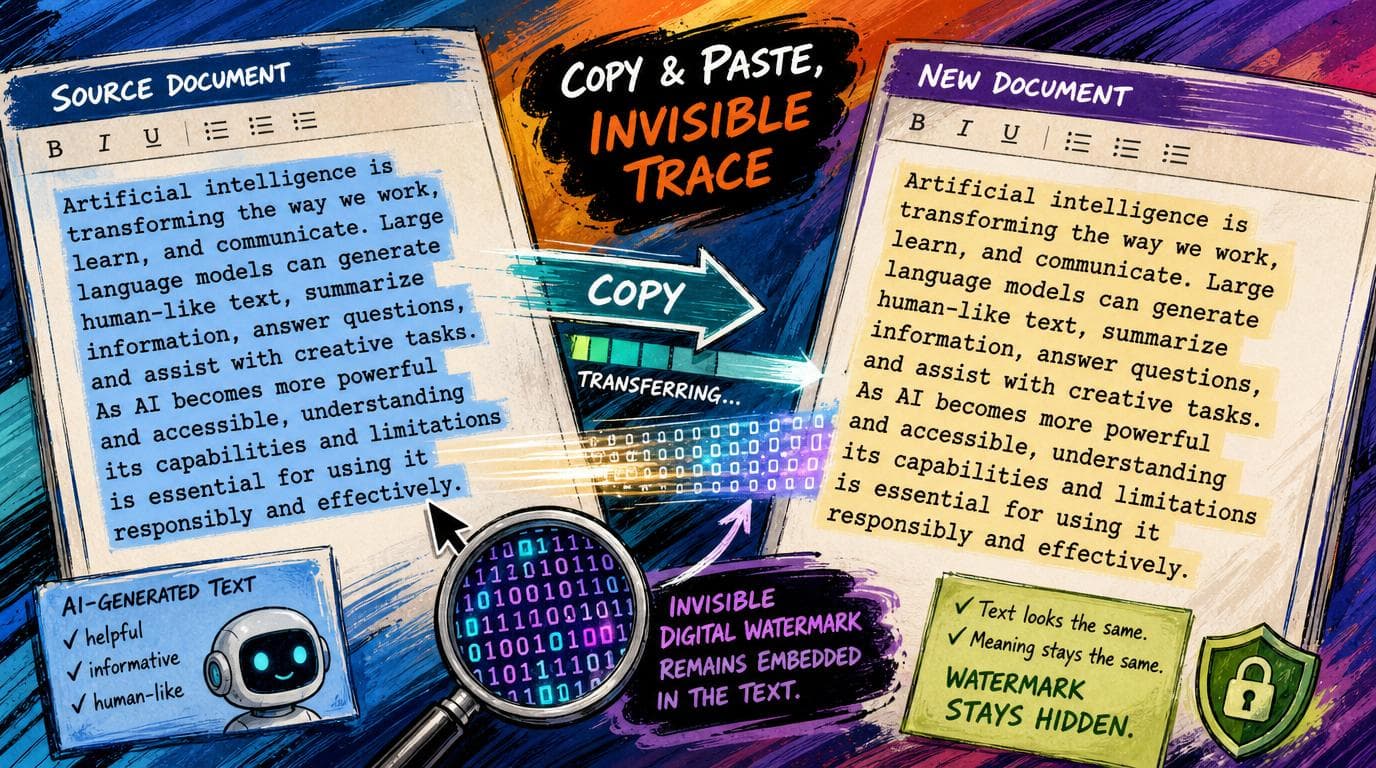 AI-generated text is copied between documents while an invisible digital watermark remains embedded.