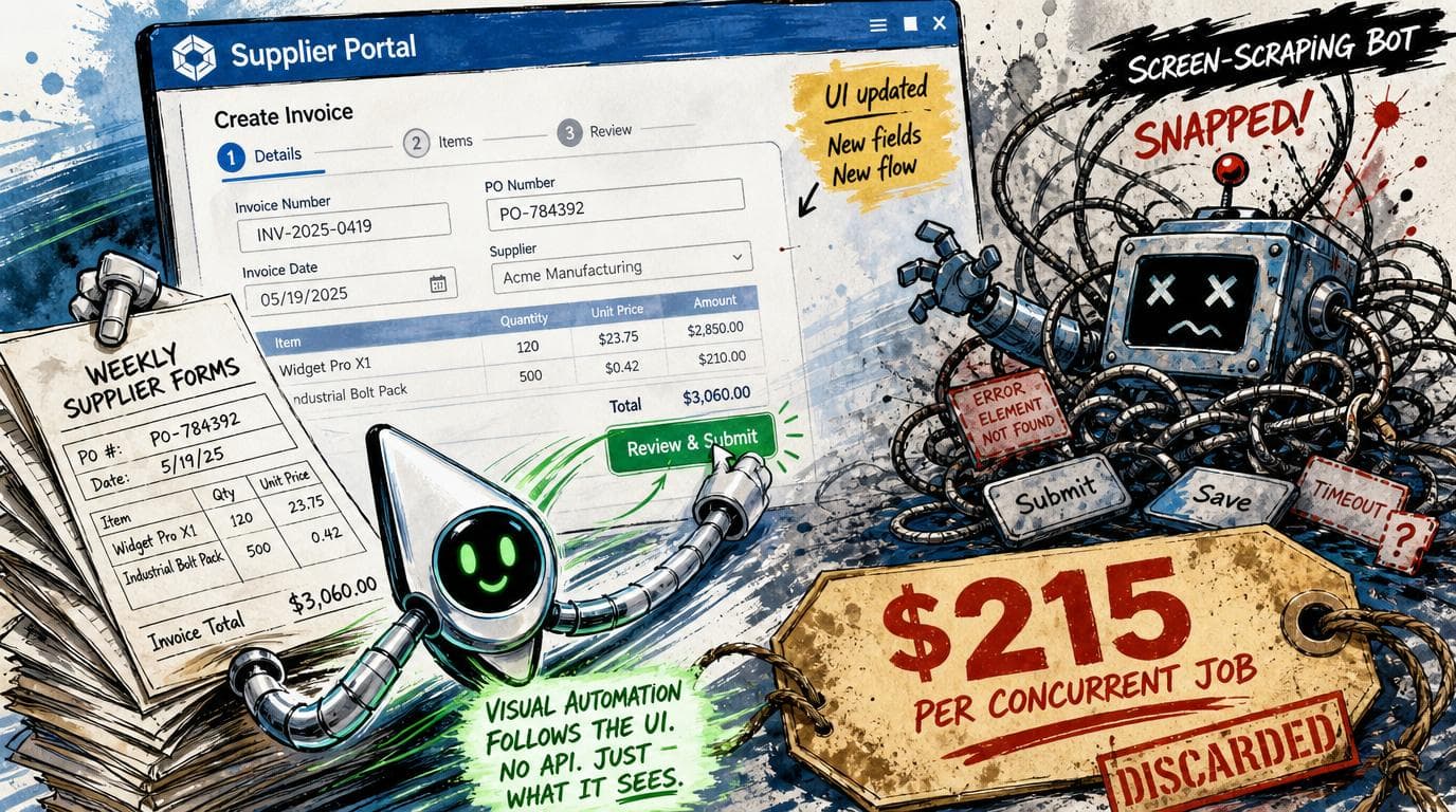 A cursor enters invoice and order data into a supplier portal while a tangled scraper and $215 job price tag are discarded.
